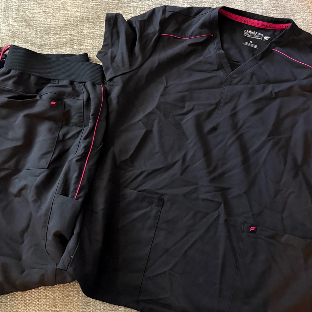 Fabletics Black Scrub Set with Pink Piping